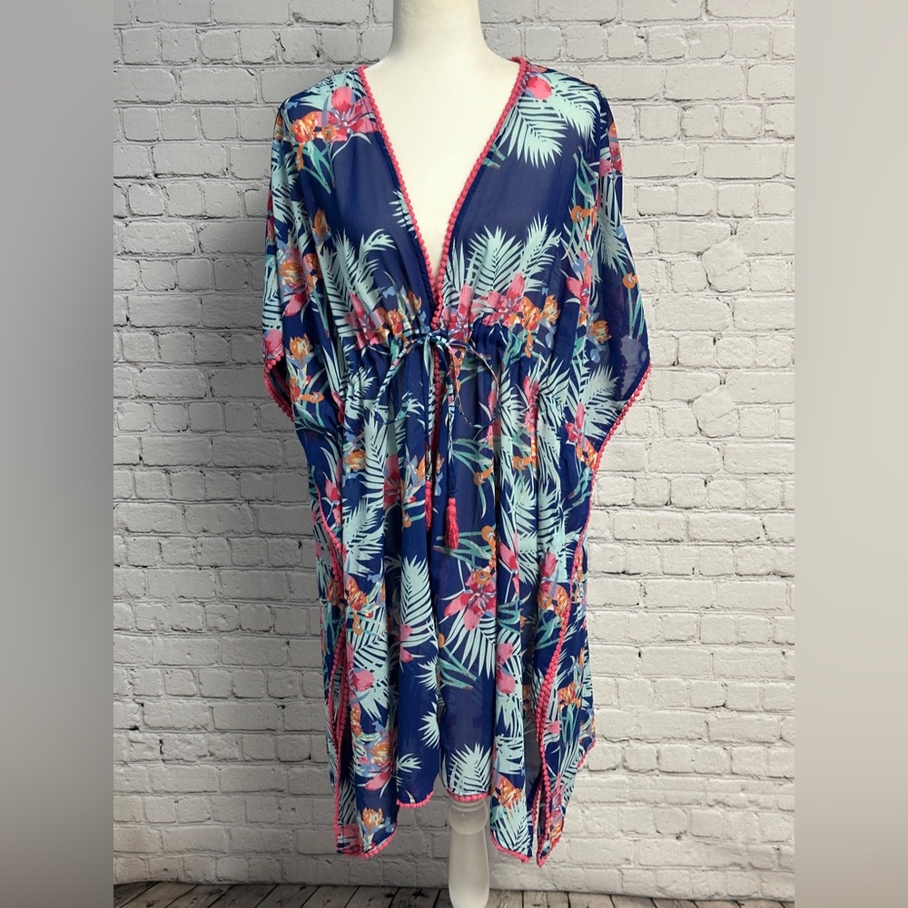 Floral Navy Drawstring Swim Cover-Up